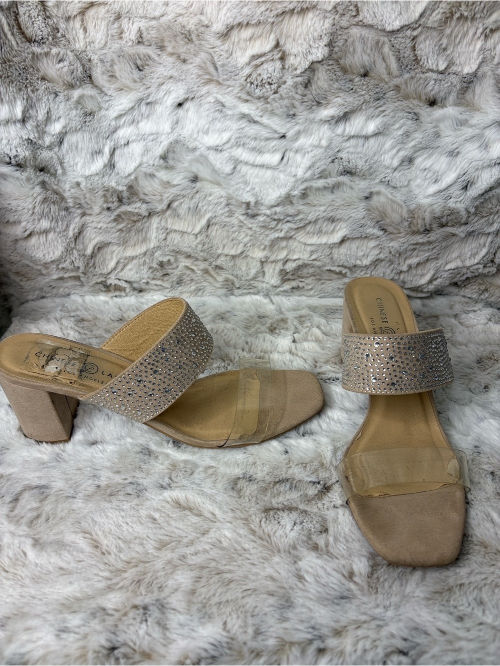 Chinese Laundry Blush Rhinestone Block Heel Slides. Size 8